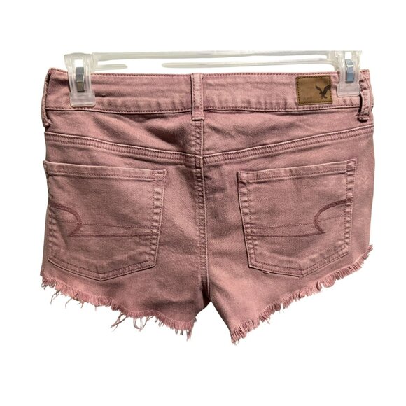 American Eagle Womens Stretch Denim Jean Shorts Sz 2 Mid Rise Distressed Pink - Picture 3 of 5